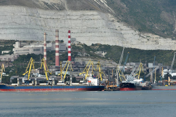 istock Loading cranes and cargo ships against the backdrop of mountains and enterprises. 942374270