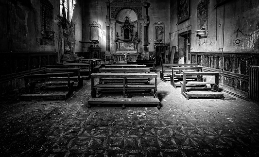 Interior abandoned church in ruins, construction and architecture