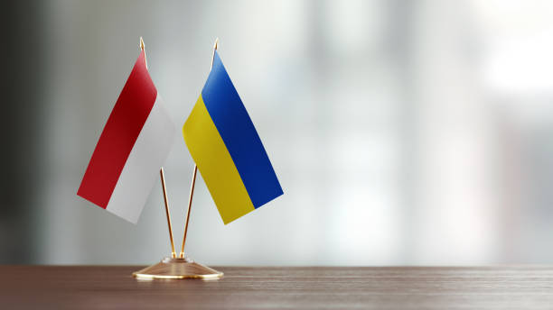 istock Indonesian And Ukrainian Flag Pair On A Desk Over Defocused Background 942384300