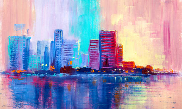 istock Oil painting cityscape, with skyscrapers against a  sunset. 942387352