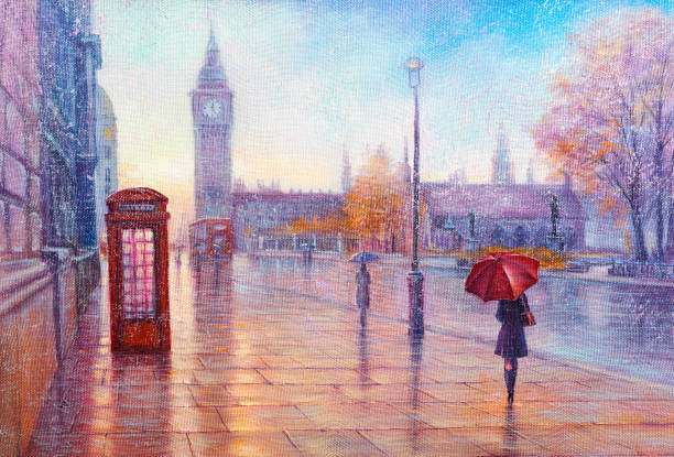 street view von london, bus unterwegs. artwork. big ben. - london in the rain stock-grafiken, -clipart, -cartoons und -symbole