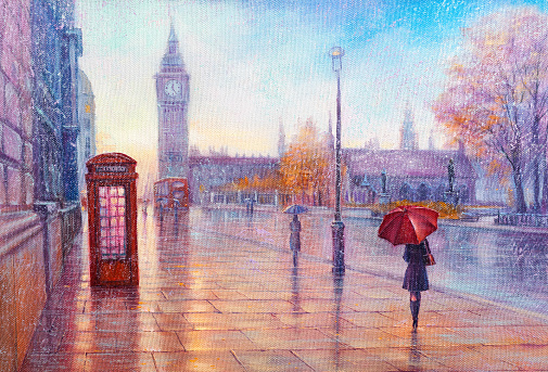 Oil Painting, rain in London. Gentle city landscape.  Big Ben, England, modern art.