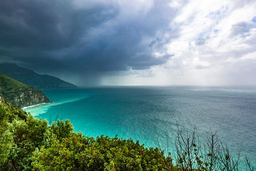 huge thunder storm across the amalfi coastline in italy.