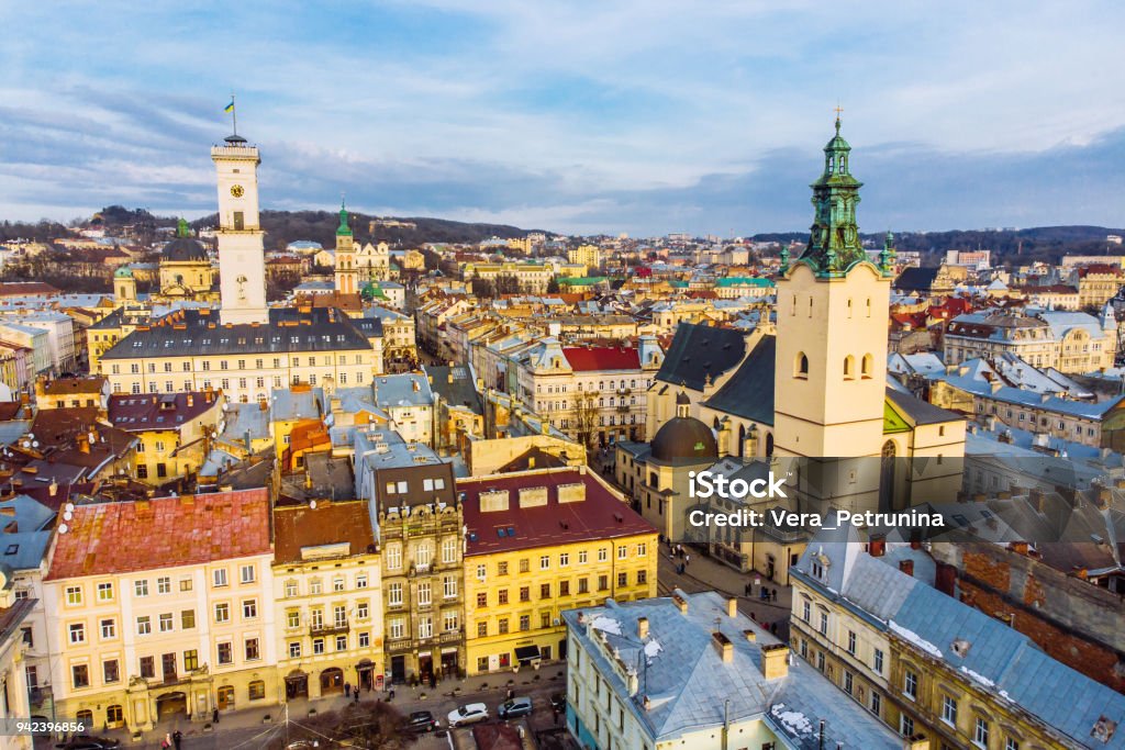 cityscape of old european city. bird's eye view Lviv Stock Photo