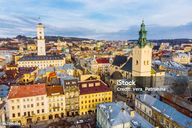 Cityscape Of Old European City Birds Eye View Stock Photo - Download Image Now - Lviv, City, Ukraine