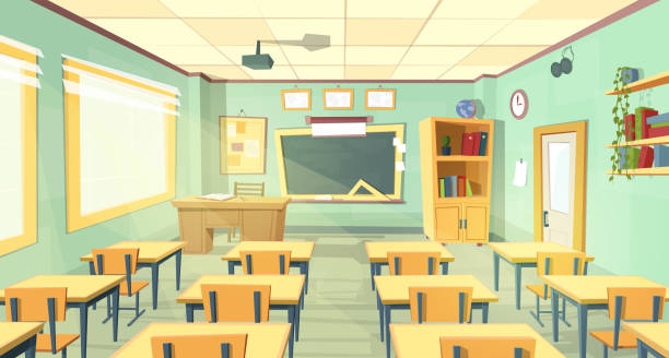 학교 교실의 벡터 만화 그림 - blackboard classroom backgrounds education stock illustrations