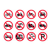 istock Red prohibition vehicles sign set. No motor vehicles, no bicycles, no automobiles. Trucks, busses, camper vans, scooters, motorcycles not allowed 942400930