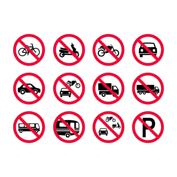 Red prohibition vehicles sign set. No motor vehicles, no bicycles, no automobiles. Trucks, busses, camper vans, scooters, motorcycles not allowed Red prohibition vehicles sign set. No motor vehicles, no bicycles, no automobiles. Trucks, busses, camper vans, scooters, motorcycles not allowed forbidden stock illustrations