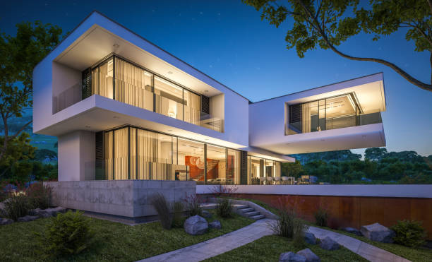 istock 3d rendering of modern cozy house by the river at night 942403406