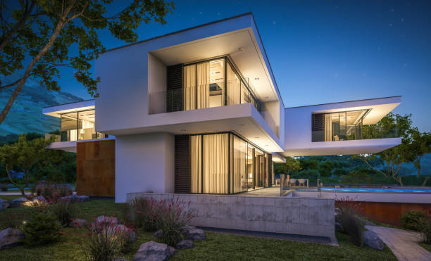 istock 3d rendering of modern cozy house by the river at night 942403408