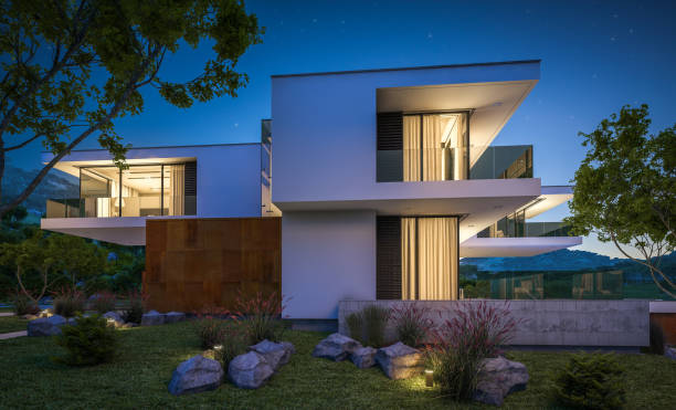istock 3d rendering of modern cozy house by the river at night 942403846