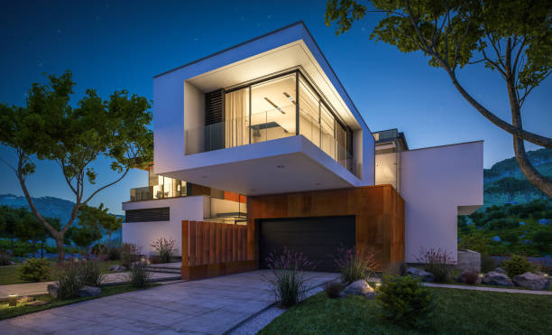 istock 3d rendering of modern cozy house by the river at night 942403868