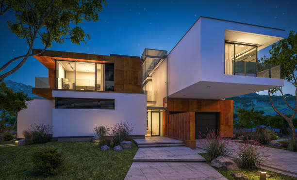 istock 3d rendering of modern cozy house by the river at night 942403940