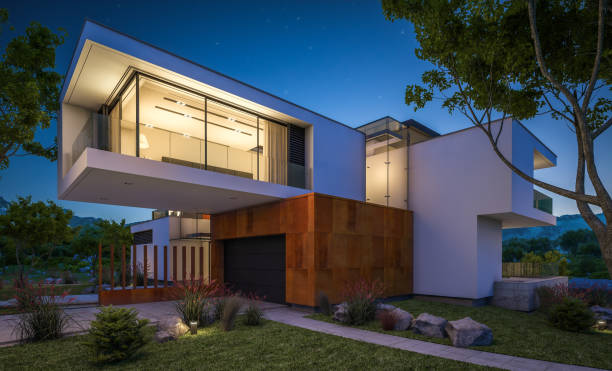 istock 3d rendering of modern cozy house by the river at night 942403992