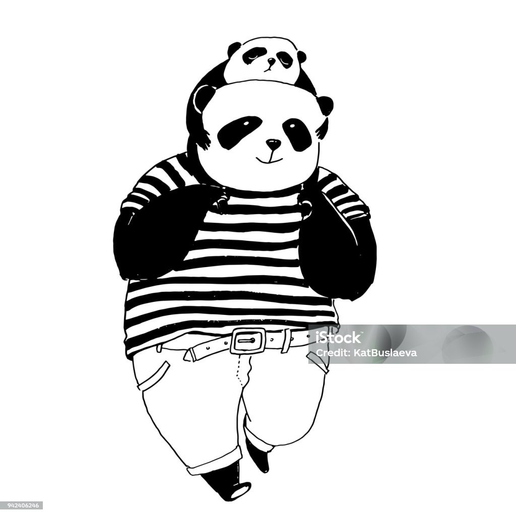 Vector black and white illustration for coloring book. Father panda in black and white t-shirt going far a walk with his little son panda on his shoulders Panda - Animal stock vector