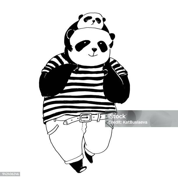 Vector Black And White Illustration For Coloring Book Father Panda In Black And White Tshirt Going Far A Walk With His Little Son Panda On His Shoulders Stock Illustration - Download Image Now