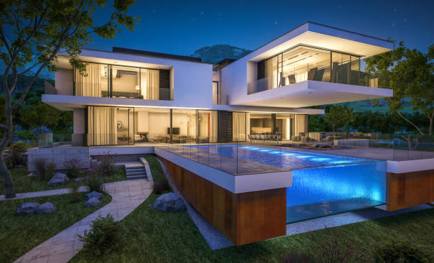 render 3d de moderna acogedora casa junto al río en la noche - house residential structure luxury night fotografías e imágenes de stock