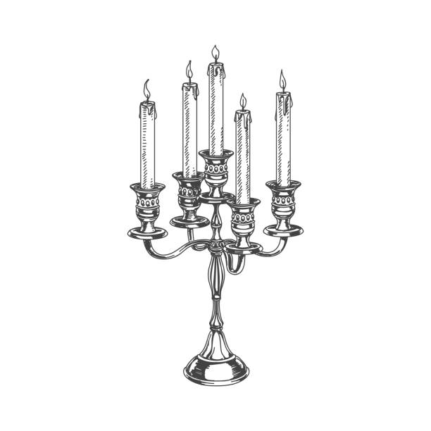 아름 다운 벡터 손 레스토랑 물건 그림 그려. - menorah judaism candlestick holder candle stock illustrations