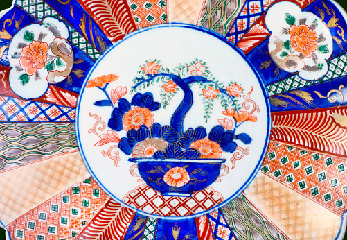 Close-up of antique Japanese Imari porcelain ware made around 1860.