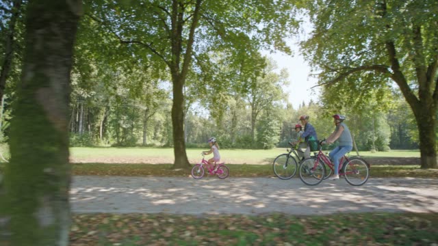 TS Grandparents cycling in the park with granddaughter riding her own bike and toddler riding in the child seat