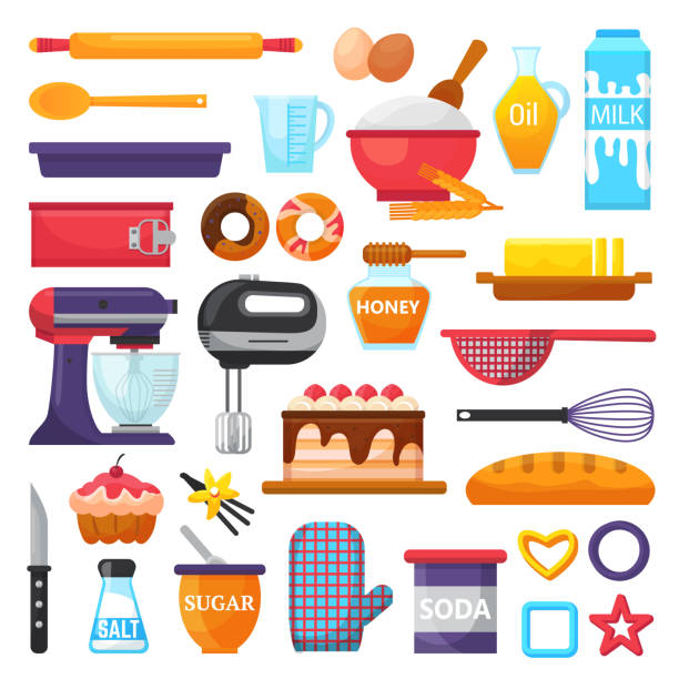 Baking vector kitchenware and food bakery ingredients for cake illustration caking set of cooking cupcake or pie with cookware in kitchen isolated on white background.