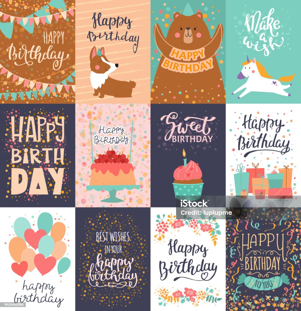 Happy birthday card vector anniversary greeting postcard with lettering and kids birth party invitation with cake or gifts illustration set of childs postal cards for typography Happy birthday card vector anniversary greeting postcard with lettering and kids birth party invitation with cake or gifts illustration set of childs postal cards for typography. Birthday Card stock vector