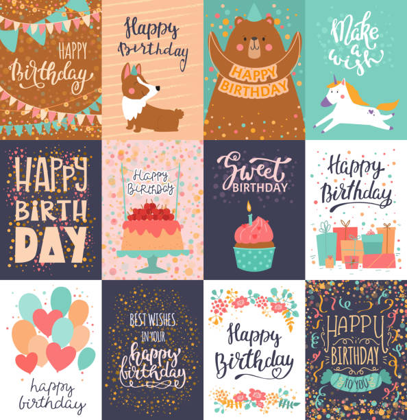 Happy birthday card vector anniversary greeting postcard with lettering and kids birth party invitation with cake or gifts illustration set of childs postal cards for typography Happy birthday card vector anniversary greeting postcard with lettering and kids birth party invitation with cake or gifts illustration set of childs postal cards for typography. birthday card stock illustrations