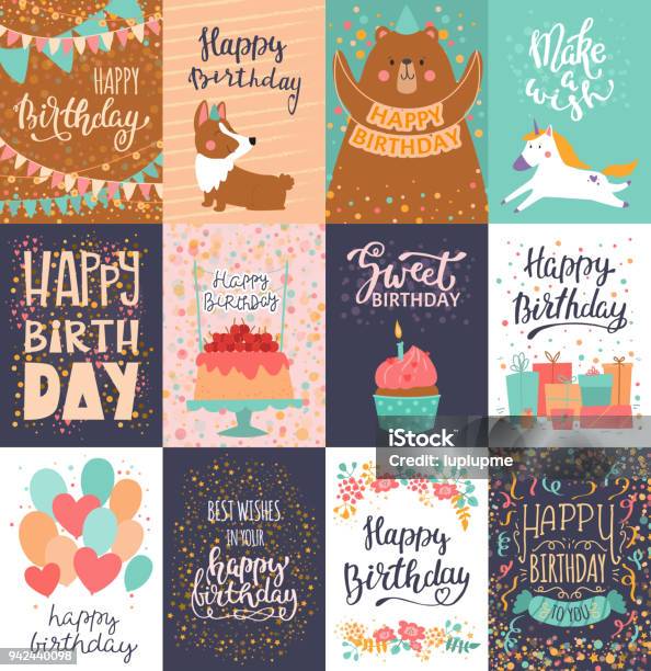 Happy Birthday Card Vector Anniversary Greeting Postcard With Lettering And Kids Birth Party Invitation With Cake Or Gifts Illustration Set Of Childs Postal Cards For Typography Stock Illustration - Download Image Now