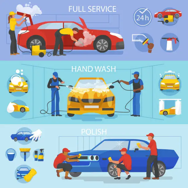 Vector illustration of Car wash vector car-washing service with people cleaning auto or vehicle illustration set of car-wash and characters washers or cleaners polishing automobile isolated on white background