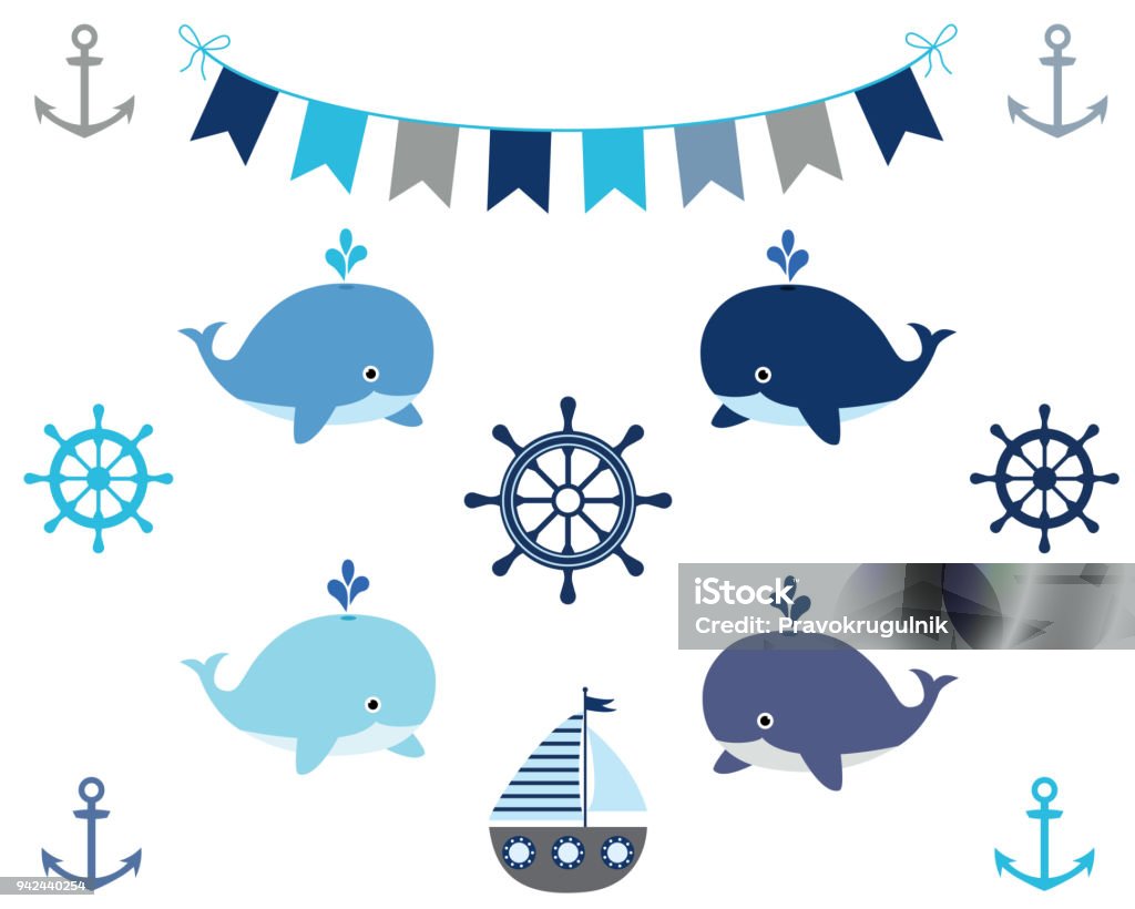 Éléments de design nautique garçon en bleu et gris - bateau, baleine, banderoles, roue, Ancre - clipart vectoriel de Baleine libre de droits