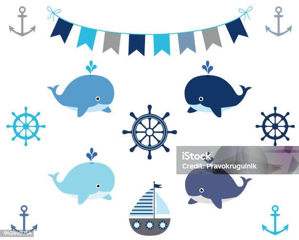 Éléments De Design Nautique Garçon En Bleu Et Gris Bateau Baleine Banderoles Roue Ancre Vecteurs libres de droits et plus d'images vectorielles de Baleine