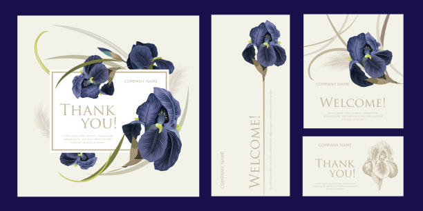 ilustrações, clipart, desenhos animados e ícones de um conjunto de cartas de luxo com as palavras de gratidão - iris
