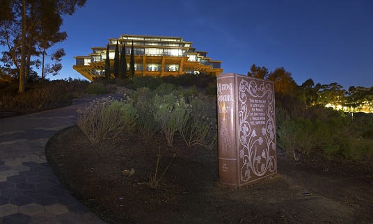 San Diego,California,USA - January 18,2018: Milton’s Paradise Lost Granite Book and winding Snake Path in front of UCSD Geisel Library is work of Alexis Smith for the Stuart Outdoor Art Collection.