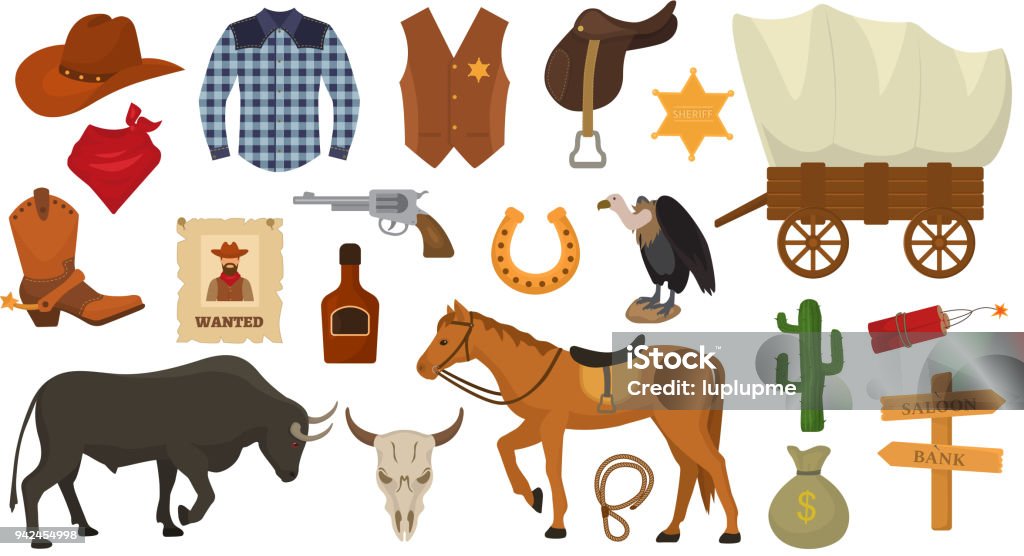 Western cowboy du Wild west vecteur ou chapeau de shérif signes ou fer à cheval dans le désert de la faune avec illustration de cactus sauvagement cheval caractère pour jeu de rodéo isolé sur fond blanc - clipart vectoriel de Cow-boy libre de droits