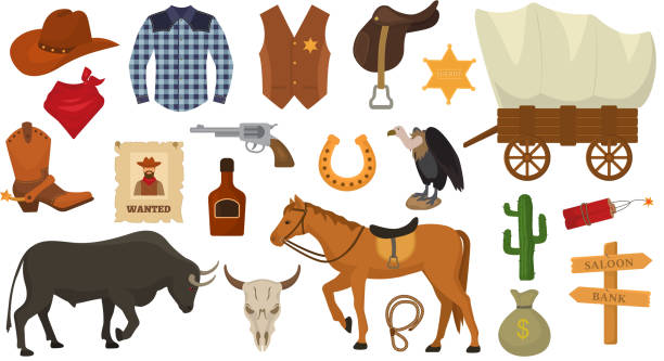 illustrations, cliparts, dessins animés et icônes de western cowboy du wild west vecteur ou chapeau de shérif signes ou fer à cheval dans le désert de la faune avec illustration de cactus sauvagement cheval caractère pour jeu de rodéo isolé sur fond blanc - chapeau de cow boy