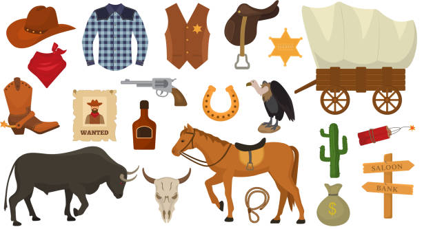 ilustrações de stock, clip art, desenhos animados e ícones de wild west vector western cowboy or sheriff signs hat or horseshoe in wildlife desert with cactus illustration wildly horse character for rodeo set isolated on white background - cowboy desire west poster