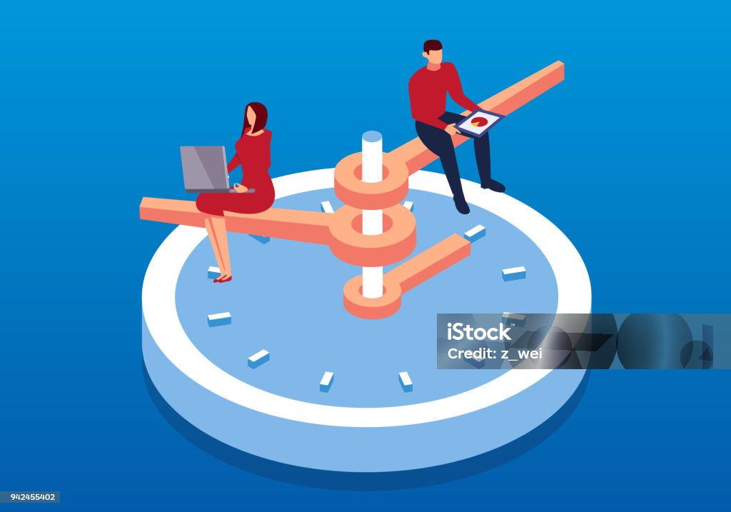 Businessman working on isometric clock Working stock vector