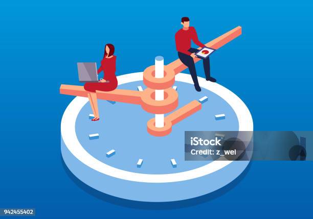 Businessman Working On Isometric Clock Stock Illustration - Download Image Now - Working, Working Late, Clock