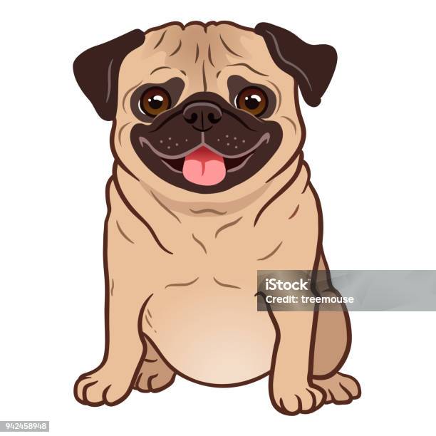Pug Dog Cartoon Illustration Cute Friendly Fat Chubby Fawn Sitting Pug Puppy Smiling With Tongue Out Pets Dog Lovers Animal Themed Design Element Isolated On White Stock Illustration - Download Image Now