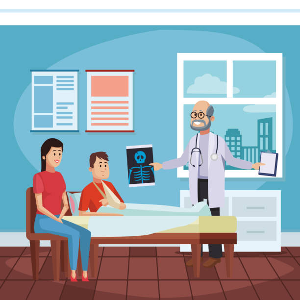 Doctors office cartoon Doctors office cartoon with patient vector illustration graphic design family photo on wall stock illustrations