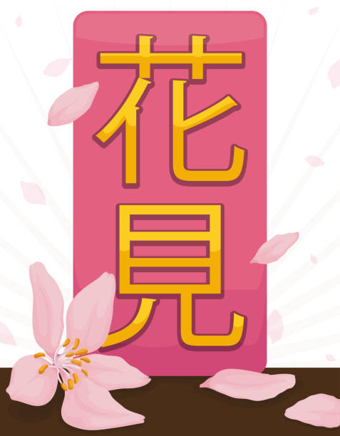 ilustraciones, imágenes clip art, dibujos animados e iconos de stock de rosa y flor de la cereza etiqueta anunciando festival de hanami - hannah