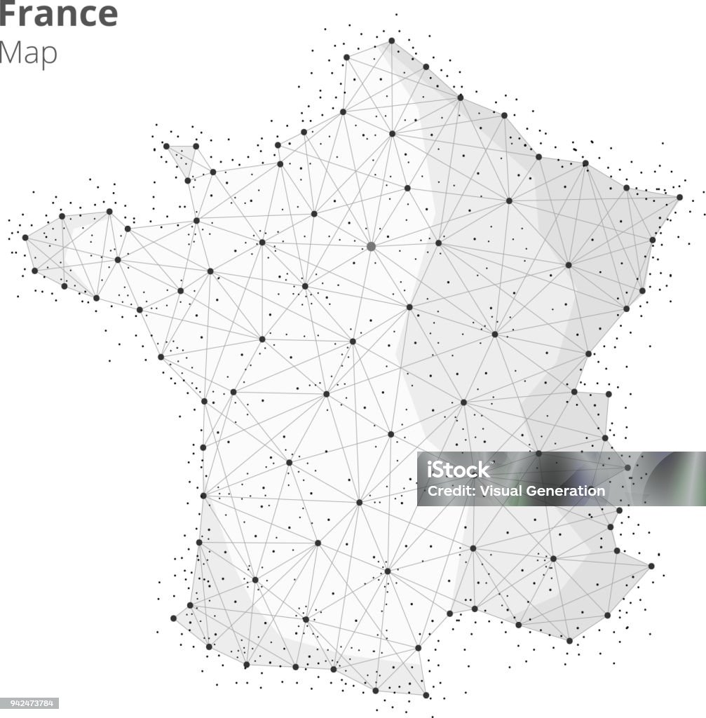 France map in blockchain technology network style France map illustration in blockchain technology network style on white background. Block chain polygon peer to peer network connected lines technique. Cryptocurrency fintech business concept France stock vector