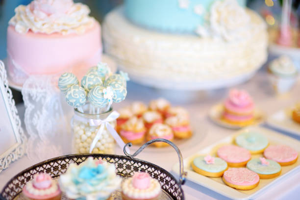 istock Beautiful desserts, sweets and candy table at wedding reception 942476400
