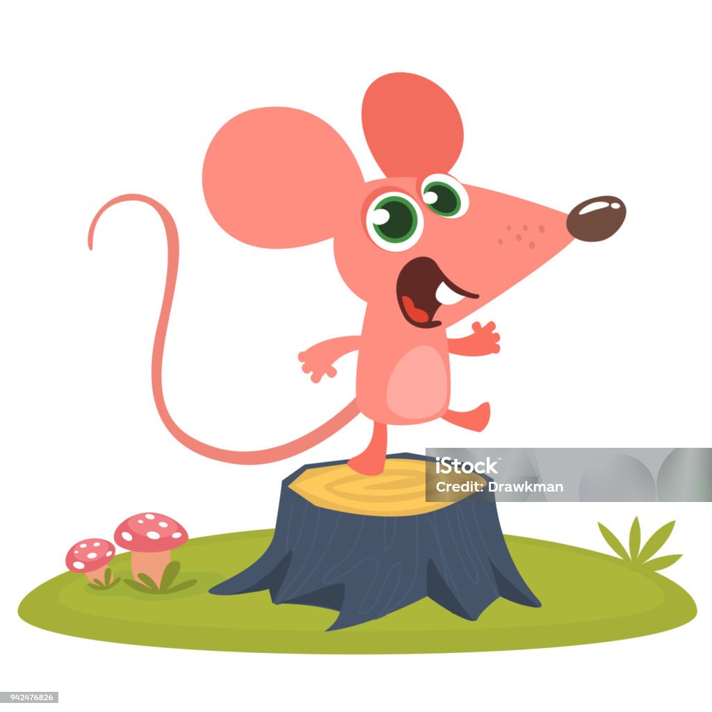 Happy Cartoon Pink Mouse Talking And Standing On A Tree Stump In The Meadow  Vector Illustration Isolated Stock Illustration - Download Image Now -  iStock