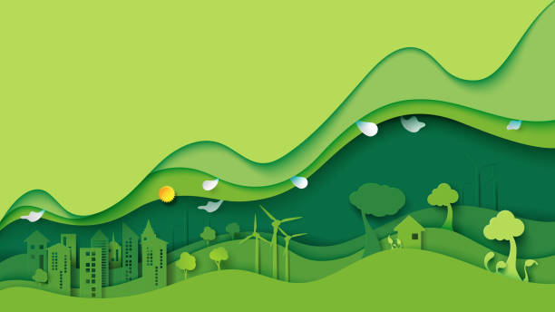 Green eco urban city environment concept Ecology and environment conservation creative idea concept design.Green eco urban city and nature landscape background paper art style.Vector illustration. non urban scene illustrations stock illustrations