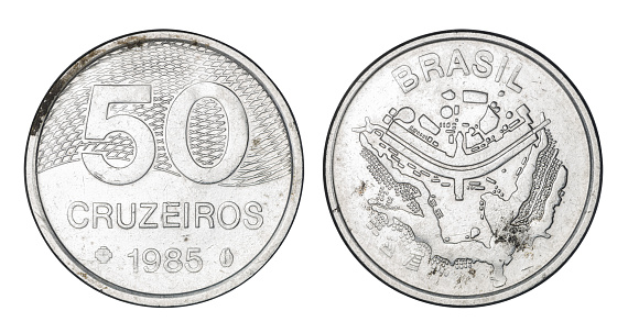 Fifty Cruzeiro coin, year 1985 - Old Coins From Brazil isolated on white with clipping path