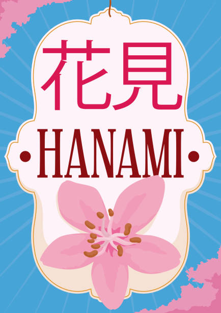 ilustraciones, imágenes clip art, dibujos animados e iconos de stock de vista hacia arriba de árboles de cerezo, flor y etiqueta para hanami - hannah