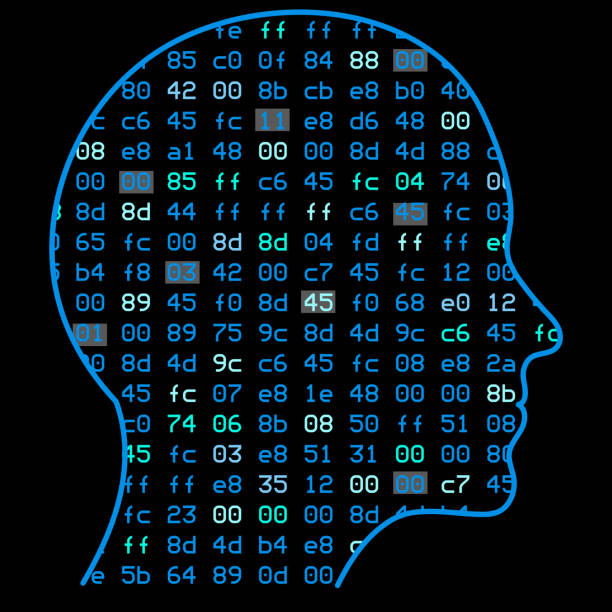 ilustrações de stock, clip art, desenhos animados e ícones de artificial intelligence. the image of a human head outline, inside which depicts a binary code, which symbolizes the process of thinking. illustration work artificial neural networks - synapse computer chip communication abstract