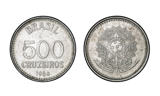Five hundred cruzeiros coin, year 1986 - Old Coins From Brazil isolated on white with clipping path