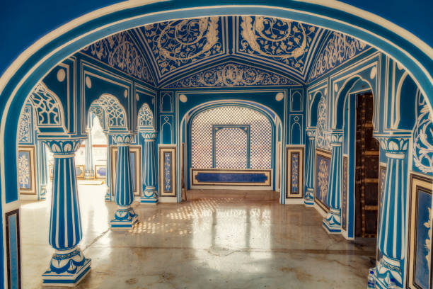 jaipur city palace rajasthan interior architecture artwork with intricate wall art paintings. - jaipur city palace imagens e fotografias de stock